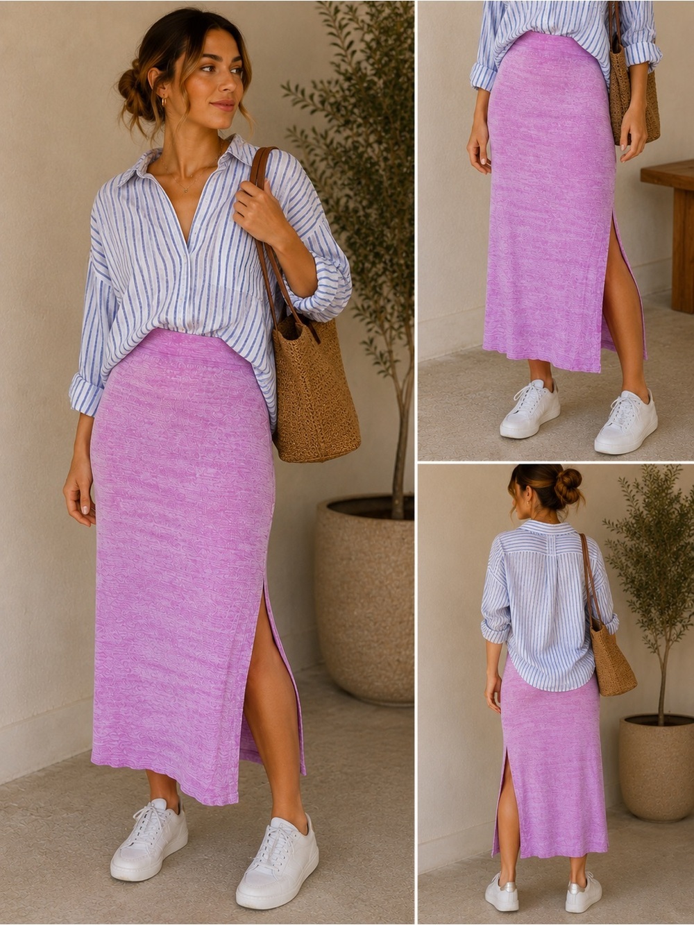 Free People Pink Heathered Rib Knit Midi Skirt Side Slit Size S